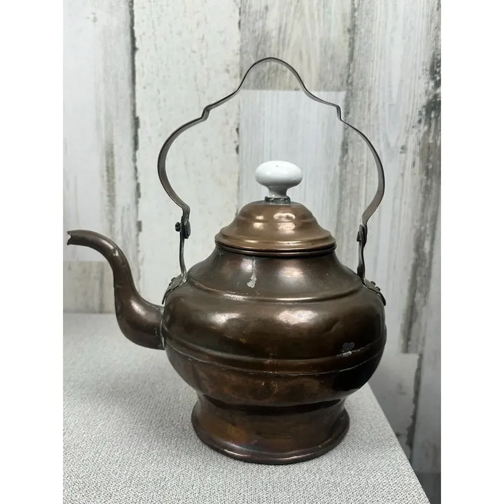 Folk Art‎ COPPER Tea Pot Kettle Patina Vintage Hand Made Porcelain Knob